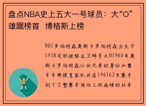 盘点NBA史上五大一号球员：大“O”雄踞榜首  博格斯上榜