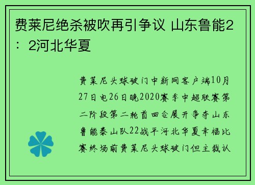 费莱尼绝杀被吹再引争议 山东鲁能2：2河北华夏